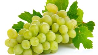 Close up of a bunch of grapes with leaves against a white background