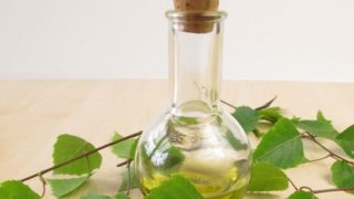 A container of birch essential oil (birch oil) and fresh birch leaves on a wooden table