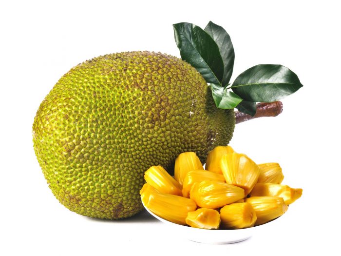 Jackfruit bowl with a whole jackfruit in the background