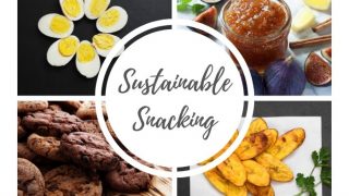 A collage of sustainable snacks with boiled eggs, fig jam, cookies and plantain cookies