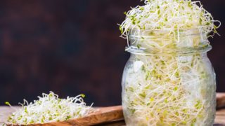 A jar of sprouts and a wooden spoon with sprouts on a wooden counter