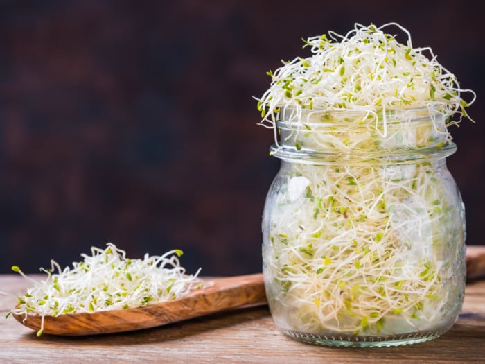 A jar of sprouts and a wooden spoon with sprouts on a wooden counter