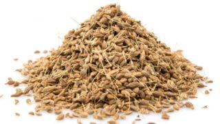 A close-up shot of anise seeds against a white background