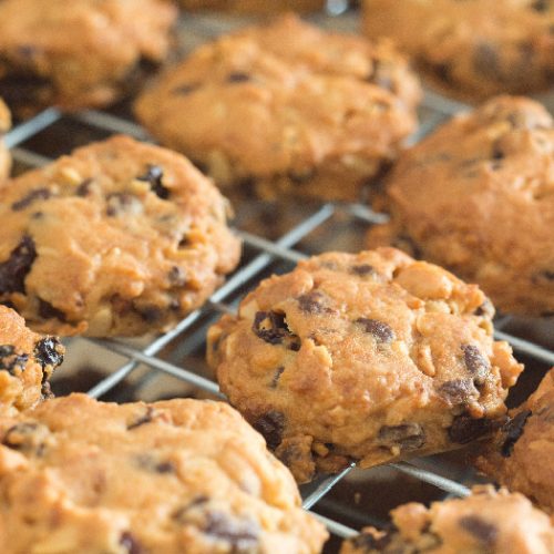 Freshly baked peanut butter cookies with chocolate chips on a rack