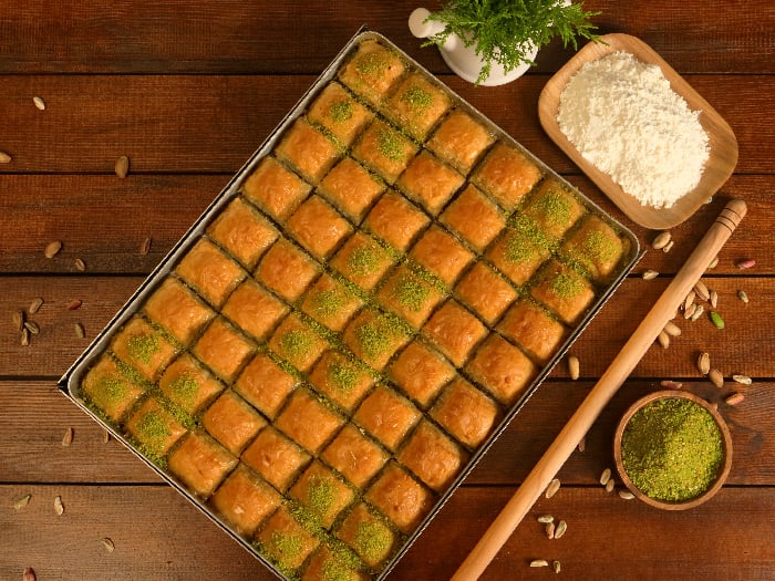 A flat lay pic of Baklava, a Turkish dessert