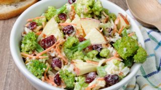 broccoli cranberry salad with sliced apples in a white bowl