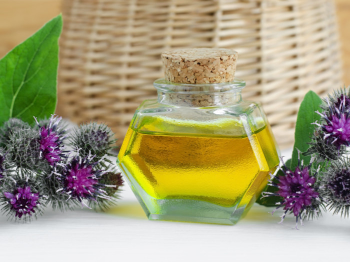 Bottle of oil surrounded by burdock flowers.