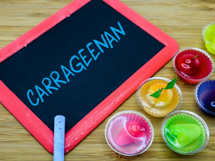 Carrageenan written on a mini blackboard with different fruit jellies placed below it