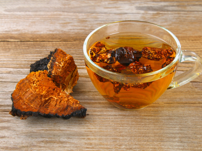 Chaga tea in a cup next to chaga