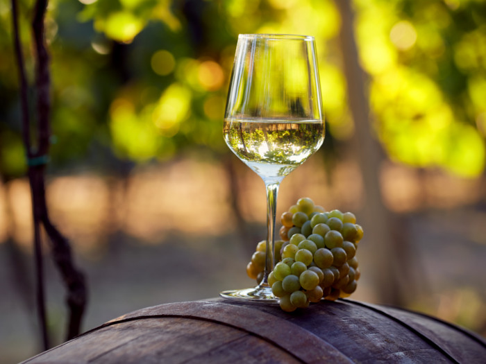 A glass of white wine with a bunch of white grapes, placed on a wood barrel with blurred trees at the back.