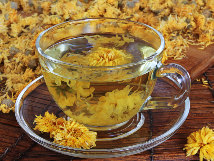 Chrysanthemum tea in a glass cup