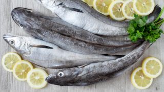 Four cod fishes on a wooden table with lemon and herbs
