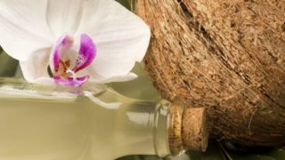 Coconut oil and coconut on a leaf