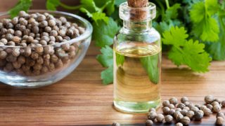 A bottle of coriander oil with a bowl of coriander seeds and leaves on a wooden table