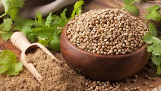 Coriander powder in a wooden spatula next to a bowl of coriander seeds