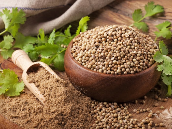 Coriander powder in a wooden spatula next to a bowl of coriander seeds