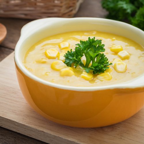 Corn soup in bowl placed on a wooden tray