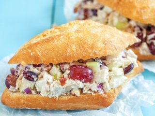 cranberrychickensaladtwo cranberry salad stuffed in a sandwich with a blue background