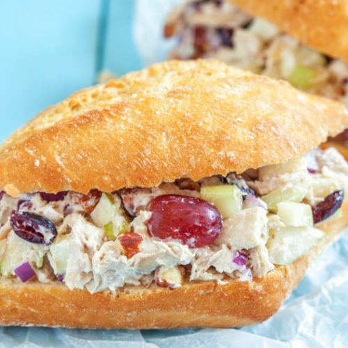 cranberry salad stuffed in a sandwich with a blue background