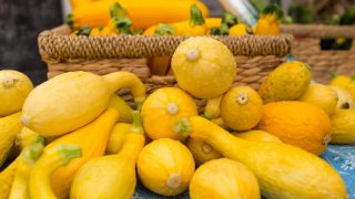 Crookneck squash on a farmers market stand