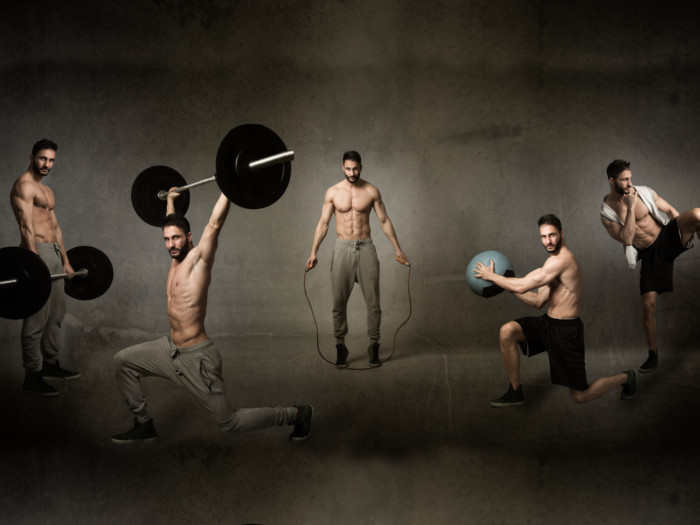 Man in track pants showing different steps in a workout.