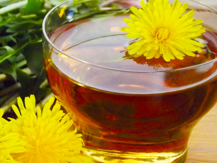 Dandelion flower tea close up shot