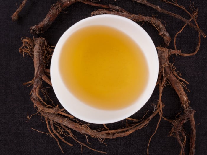 A cup of tea surrounded by roots