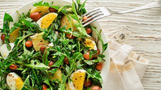 Close up of dandelion leaves, potato, beans and boiled eggs on white plate with a fork