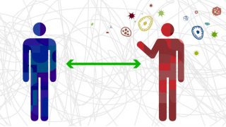 Illustration of viruses and people keeping distance for infection risk and disease prevention measures