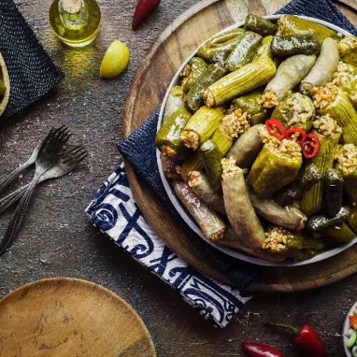 Arabic Cuisine; Middle Eastern traditional dish "Mahshy"or"Dolma". Stuffed Zucchini, eggplant,tomato,peppers and vine leaves