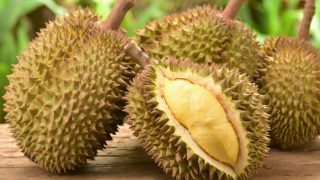 Fresh and ripe durian fruits on a wooden table