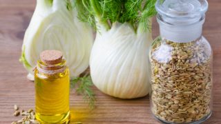 A bottle of fennel essential oil, fennel seeds, and fresh fennel bulbs on a wooden table
