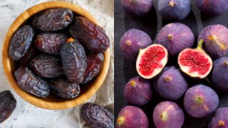 A picture of dates in a bowl next to a picture of fresh mission figs
