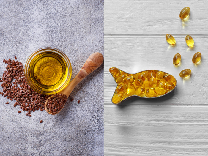 A picture of a bowl of flaxseed oil next to a picture of fish oil capsules in a fish-shaped dish