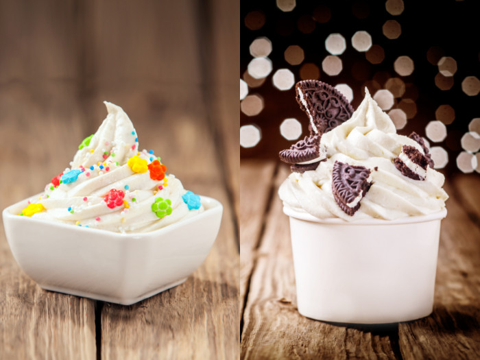Bowls of frozen yogurt and oreo cookie ice cream