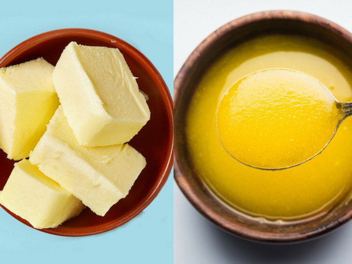 A picture of a bowl of butter next to a bowl of ghee