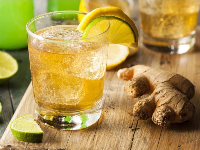 A glass filled with ginger ale and a slice of lemon on the rim of the glass