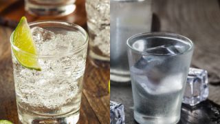 A glass of gin and a glass of vodka kept next to each other as a way of differentiation