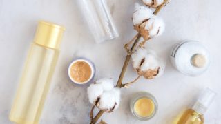 Toner in a bottle, a cotton stalk, and lotions