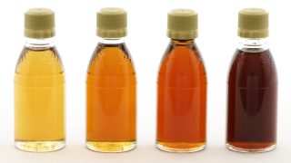 A close up shot of golden syrup substitutes- corn syrup, honey, molasses and maple syrup