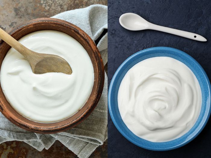 Greek yogurt and regular yogurt in two separate bowls