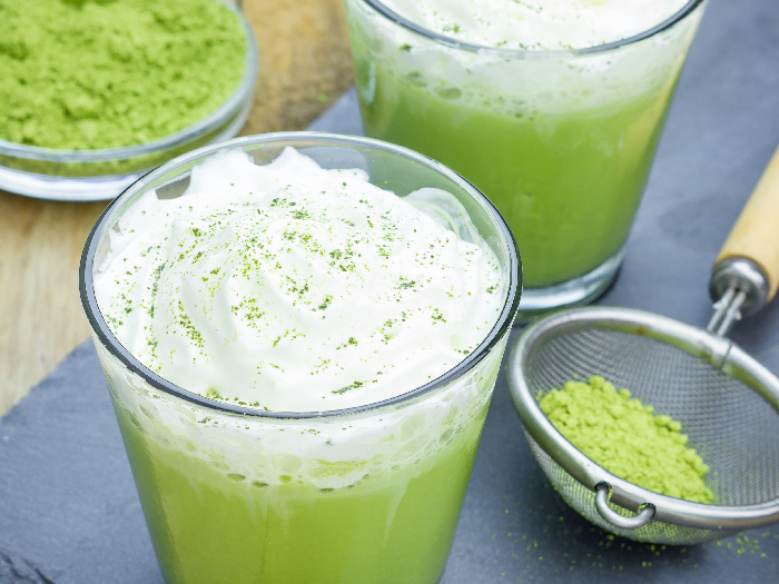 Homemade green tea frappe in glass