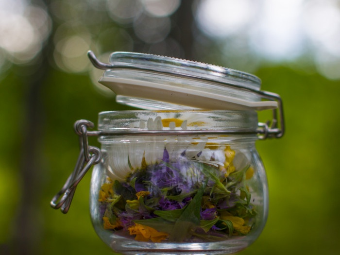 Close-up of a glass jar with herbs with a blurred green background.