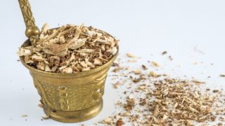 Hydrangea root in a mortar and pestle