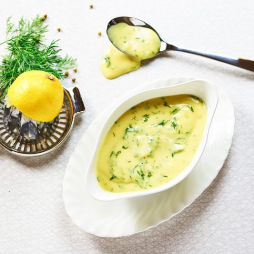 Lemon butter sauce in a bowl