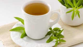 White cup of lemon verbena tea and lemon verbena leaves