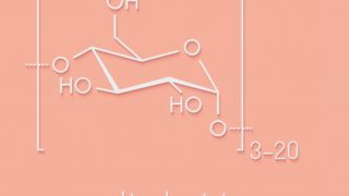 Chemical structure of maltodextrin on a peach background
