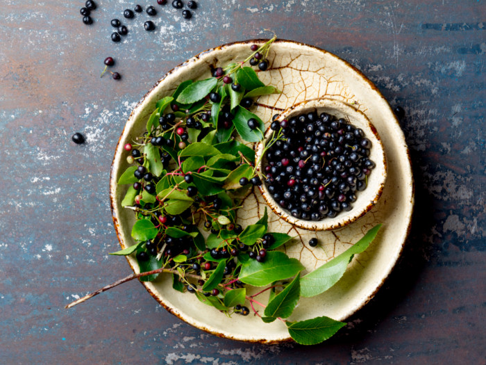 Maqui berries in a plate with some leaves