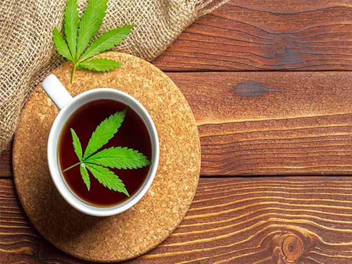 A cup of marijuana tea with fresh marijuana leaf placed on top