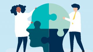 Illustration of two people connecting jigsaw pieces of a head together